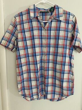 Vintage Short-Sleeve Plaid Button-Up Shirt - Red, Blue, White